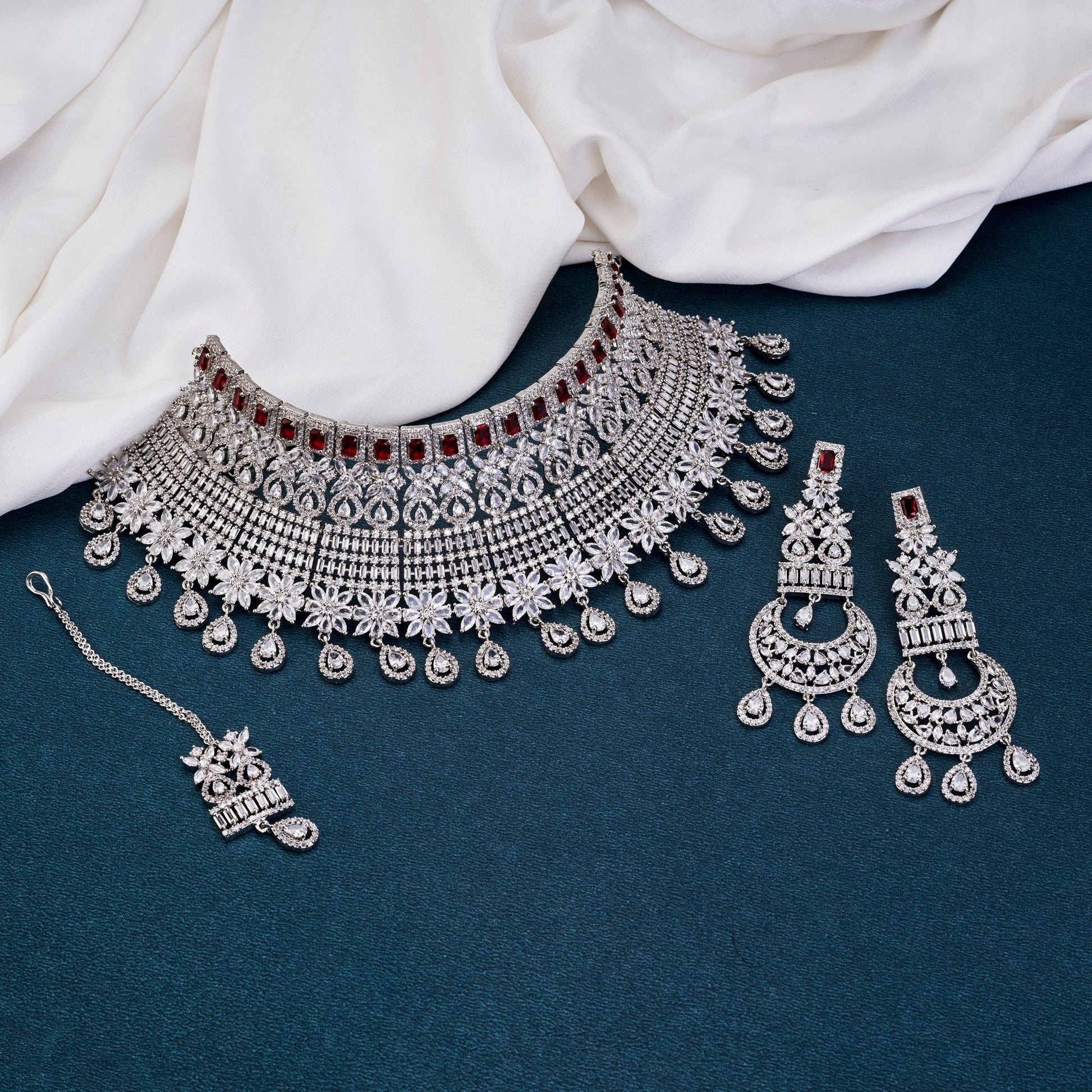 Necklace - Crimson Cascade Choker Necklace with Maang Tika - Opal Touch