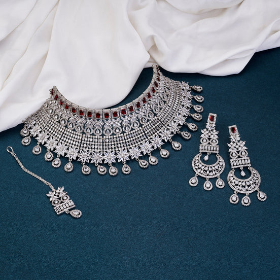 Necklace - Crimson Cascade Choker Necklace with Maang Tika - Opal Touch
