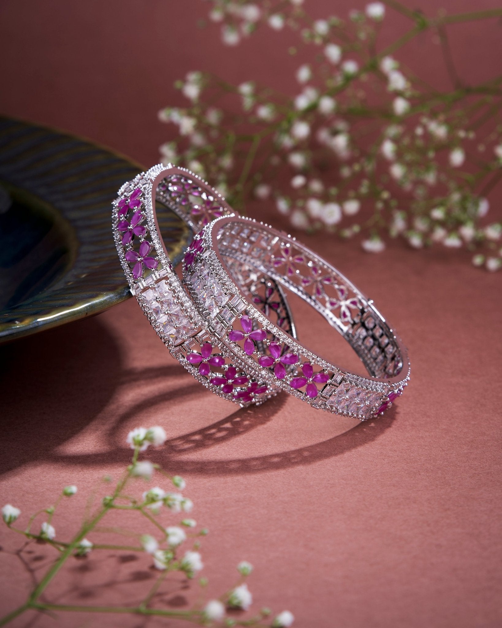 Opal Touch - Crimson Flower Rhodium Bangles (Pack of 2) - Bangles