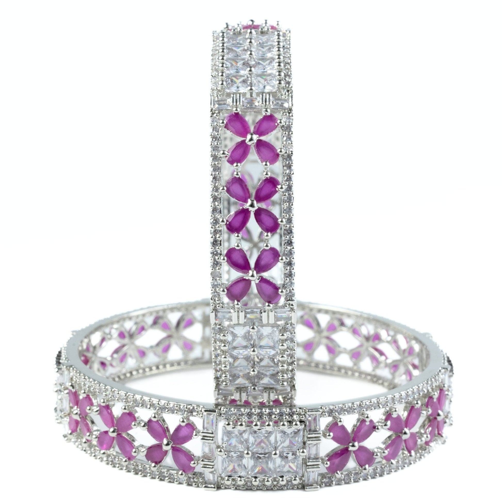 Crimson Flower Rhodium Bangles (Pack of 2) - Opal Touch