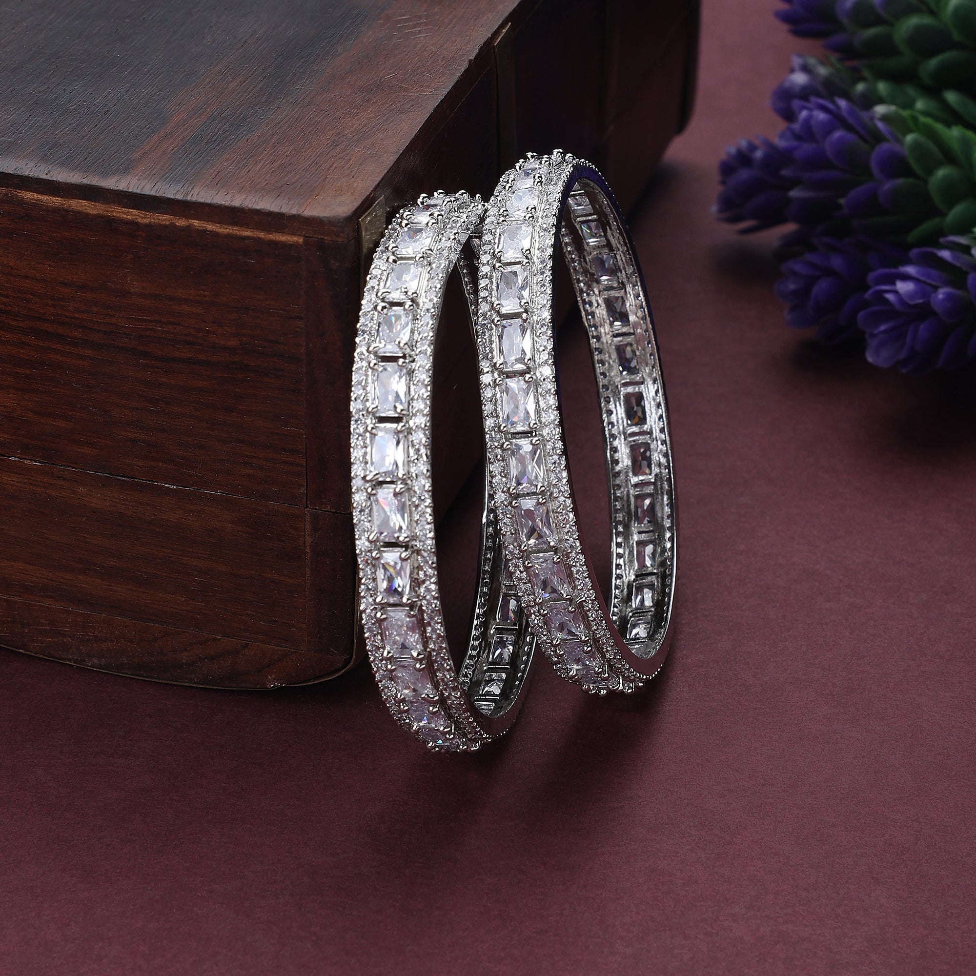 Opal Touch - Crystal Cubic Zirconia Rhodium Bangles (Pack of 2) - Bangles