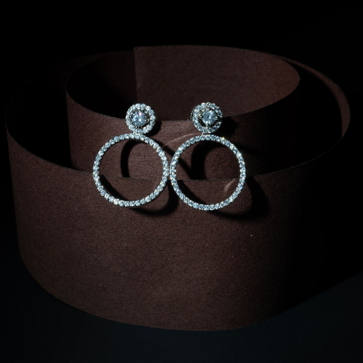 Crystal Double Circle Rhodium Plated Drop Earrings - Opal Touch