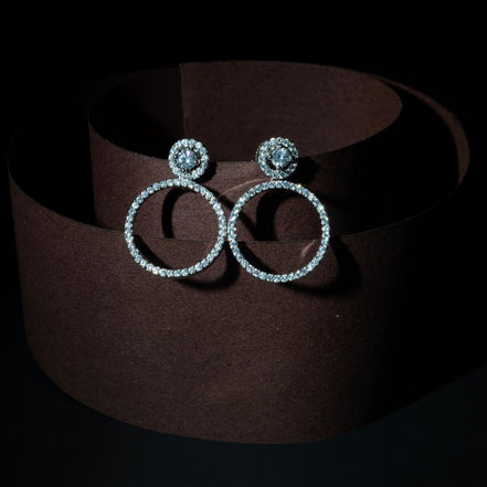 Crystal Double Circle Rhodium Plated Drop Earrings - Opal Touch