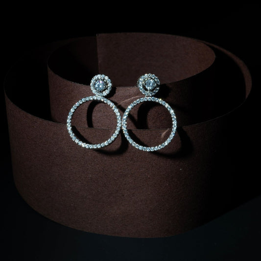 Crystal Double Circle Rhodium Plated Drop Earrings - Opal Touch