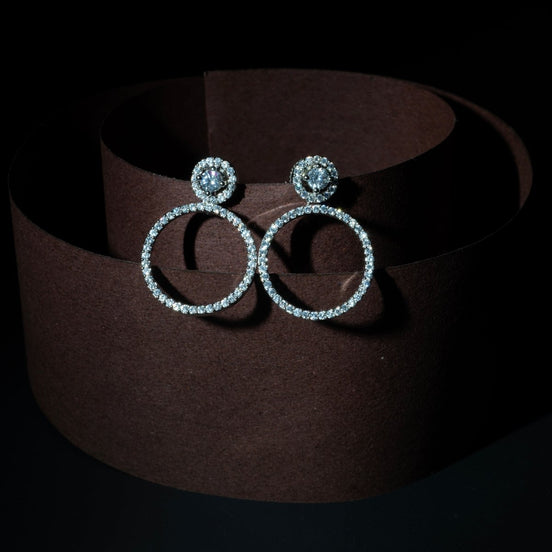 Crystal Double Circle Rhodium Plated Drop Earrings - Opal Touch