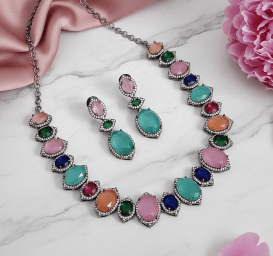 Cyan Serenity Necklace in Black Plated - Opal Touch