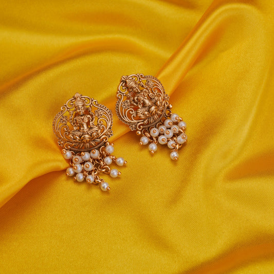 Earrings - Divine Lakshmi Vishnu Matte Gold Plated Drops - Opal Touch
