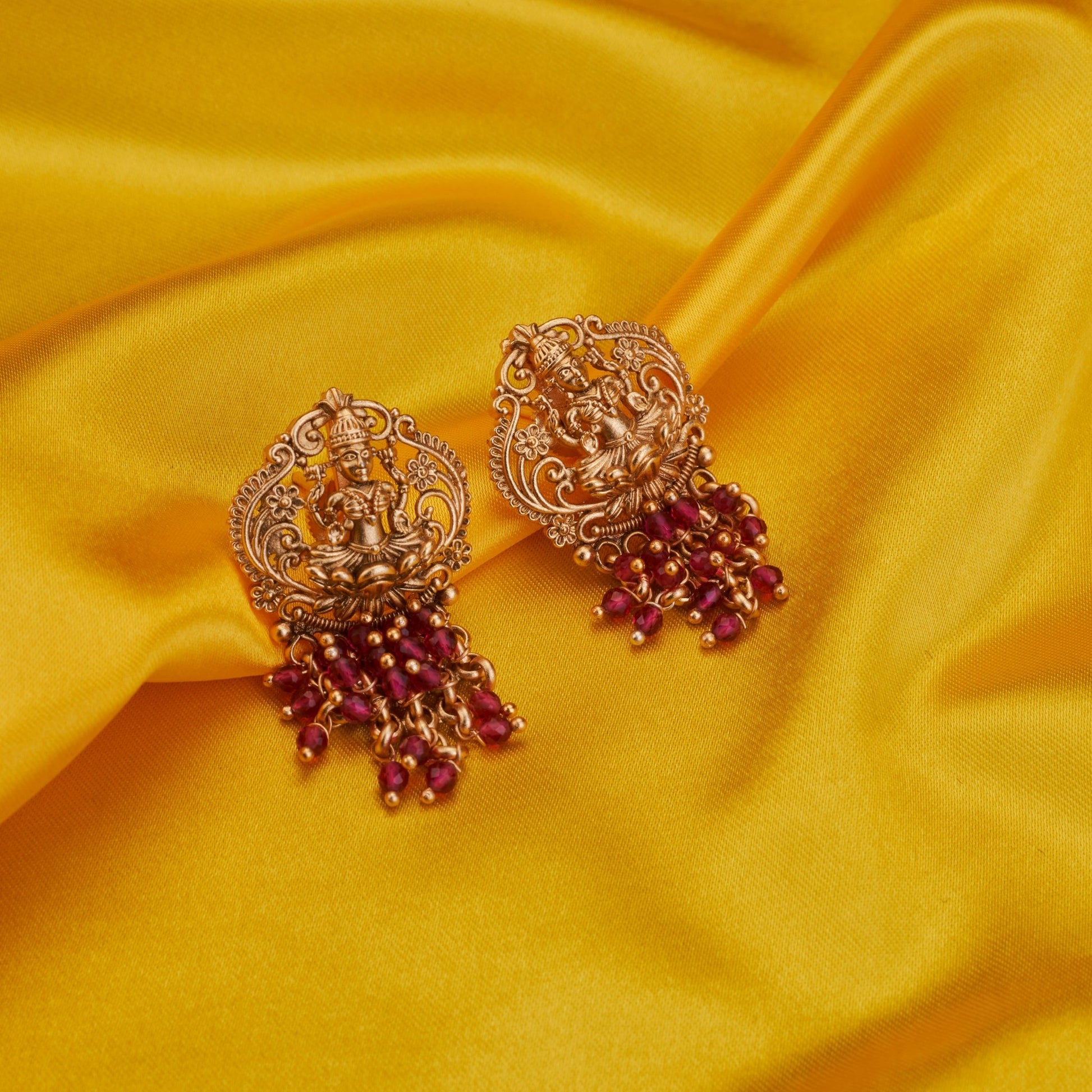 Earrings - Divine Lakshmi Vishnu Matte Gold Plated Drops - Opal Touch