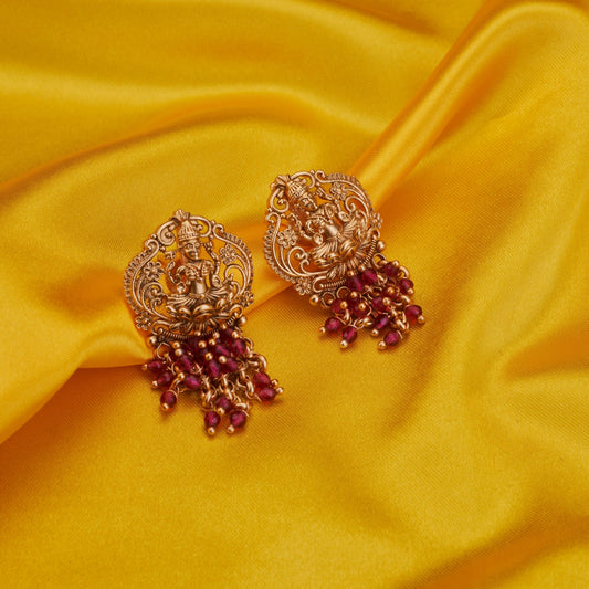 Earrings - Divine Lakshmi Vishnu Matte Gold Plated Drops - Opal Touch