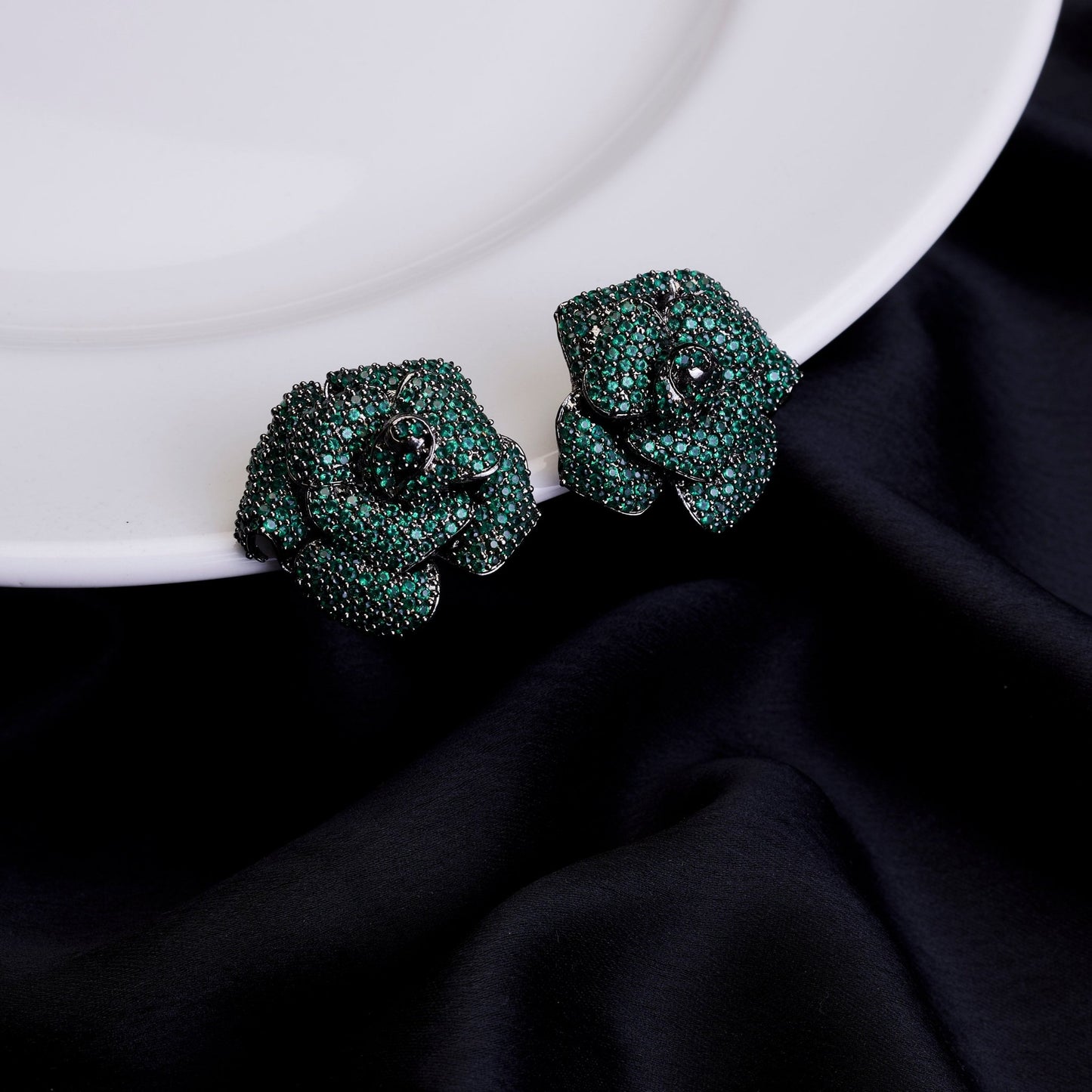 Studs - Eclipse Gem Floral Studs in Black Plated - Opal Touch