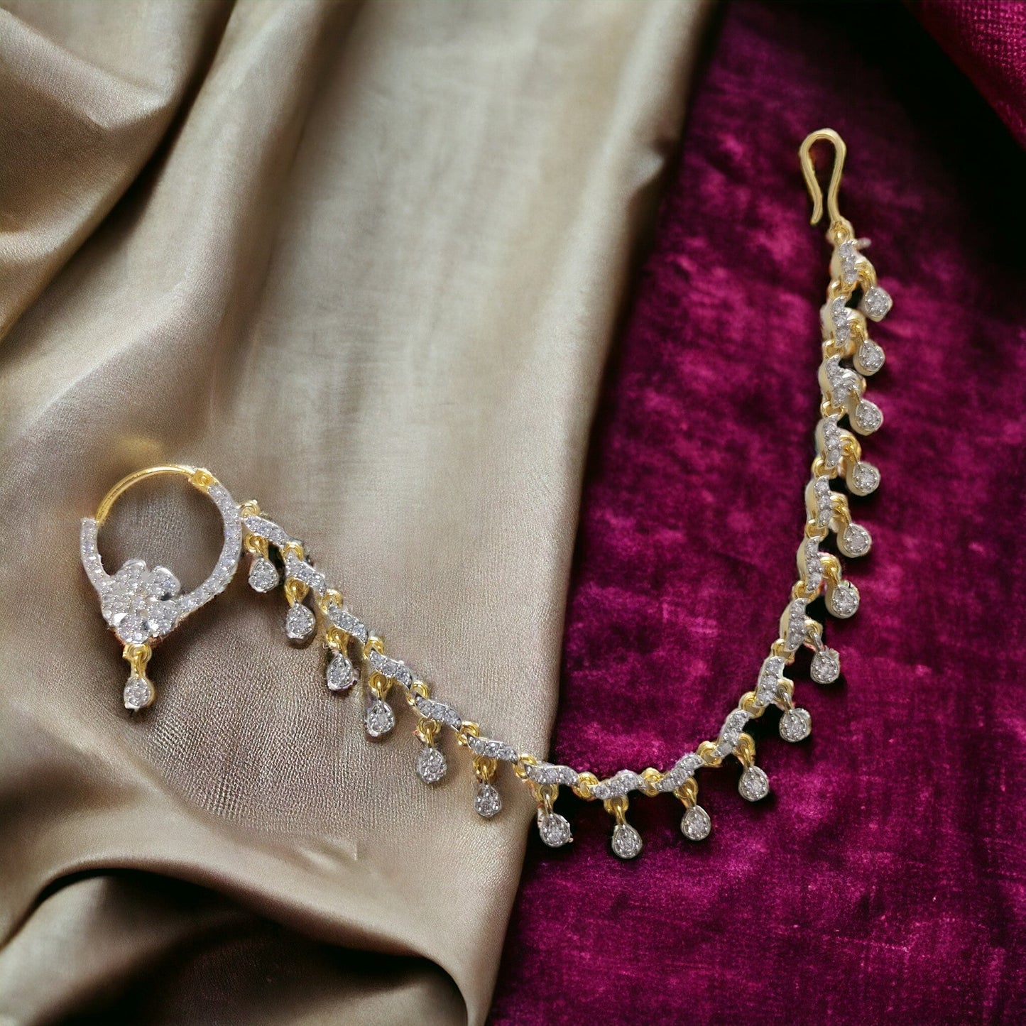 Opal Touch - Elegant American Diamond Flower Nath with String - Nose Pin