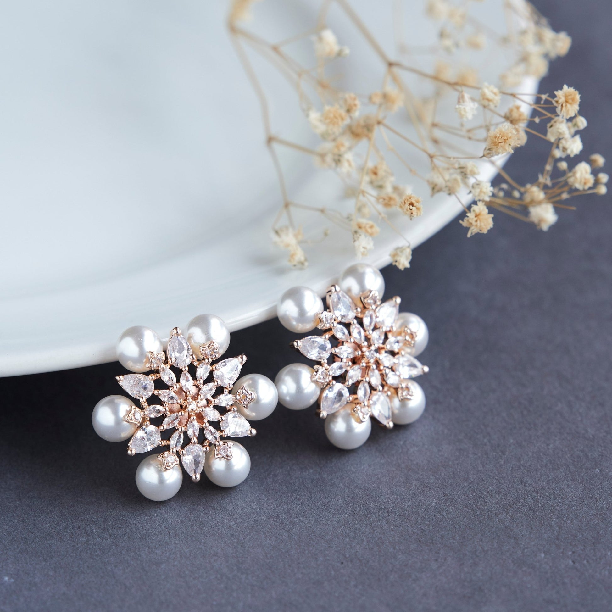 Studs - Elegant Beauty White Pearl Rose Gold Plated Studs - Opal Touch