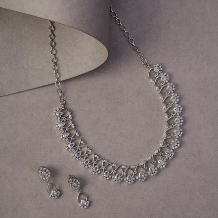 Necklace - Elegant Emarald Floret Rhodium Plated Necklace Set - Opal Touch