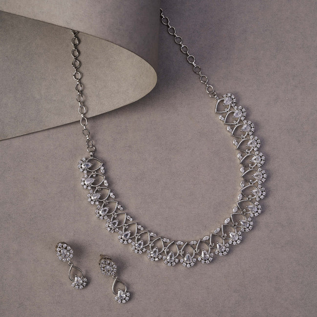 Necklace - Elegant Emarald Floret Rhodium Plated Necklace Set - Opal Touch