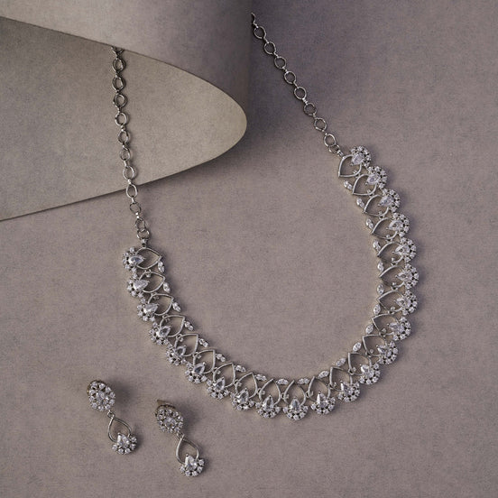 Necklace - Elegant Emarald Floret Rhodium Plated Necklace Set - Opal Touch
