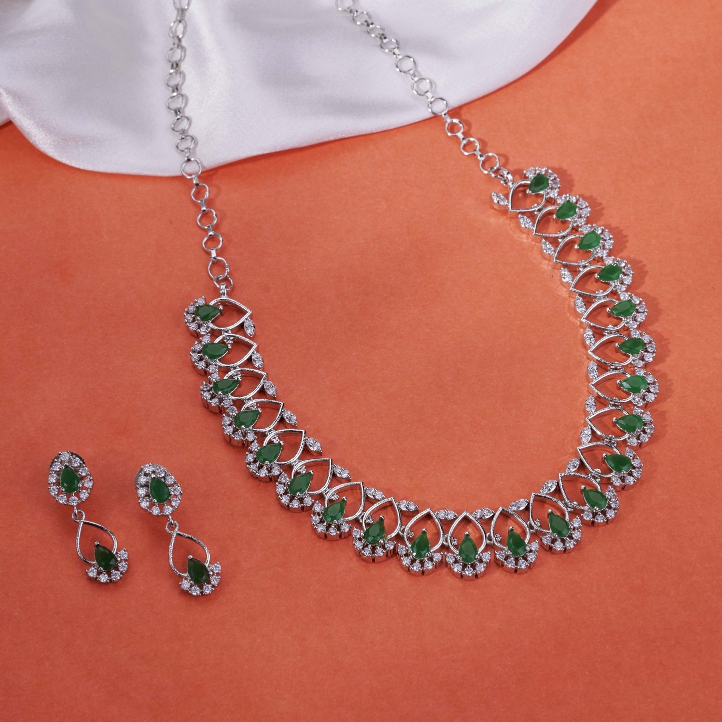 Necklace - Elegant Emarald Floret Rhodium Plated Necklace Set - Opal Touch