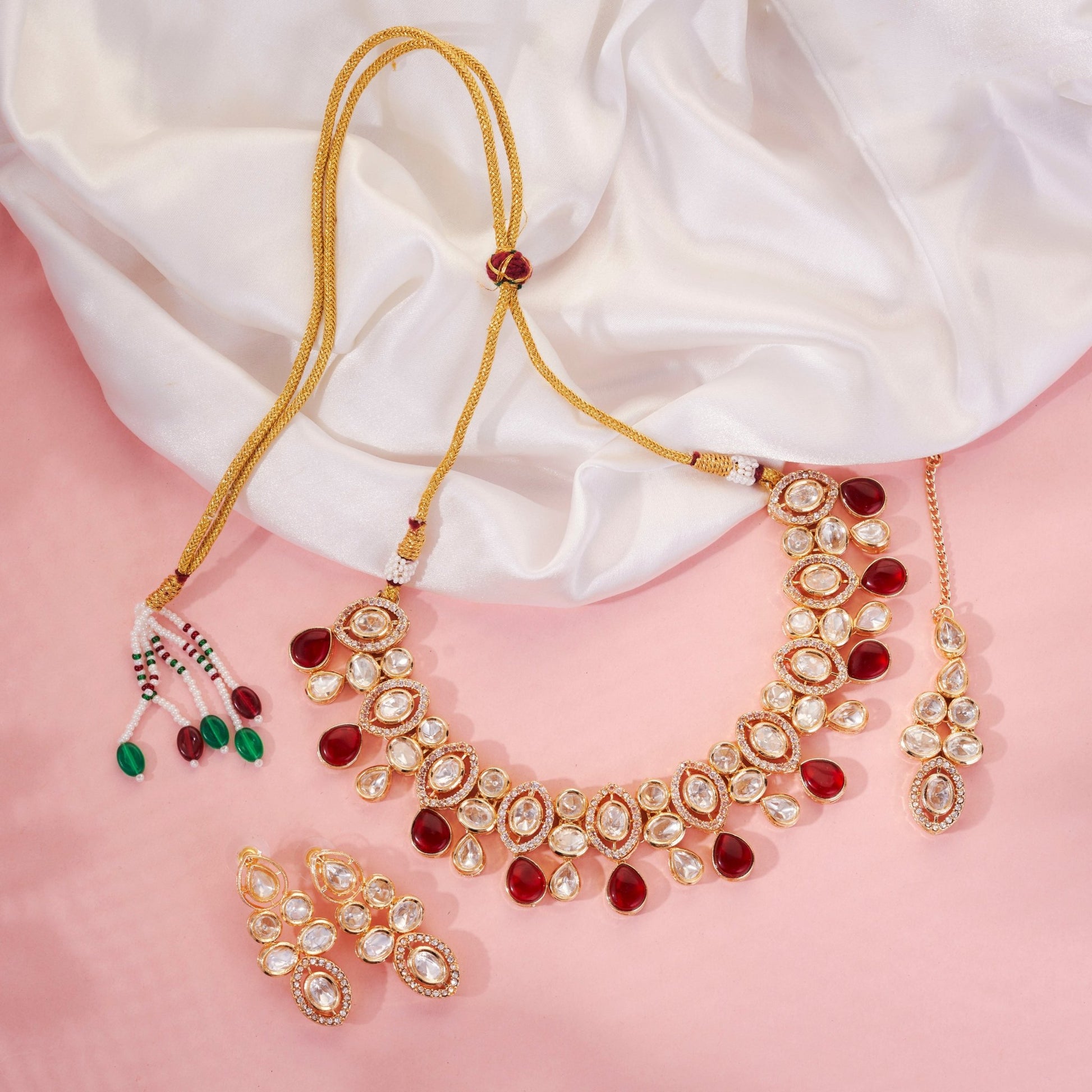 Necklace - Elegant Kundan & Stone Embellished Necklace Set with Maang Tikka - Opal Touch