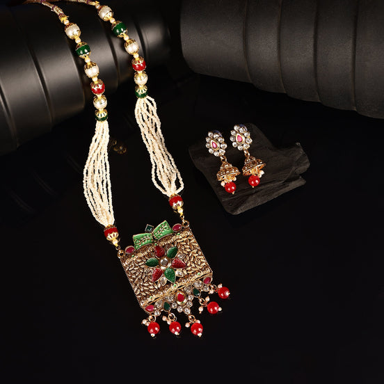 Opal Touch - Elegant Multicolor Polki Kundan Moti Mala - Necklace