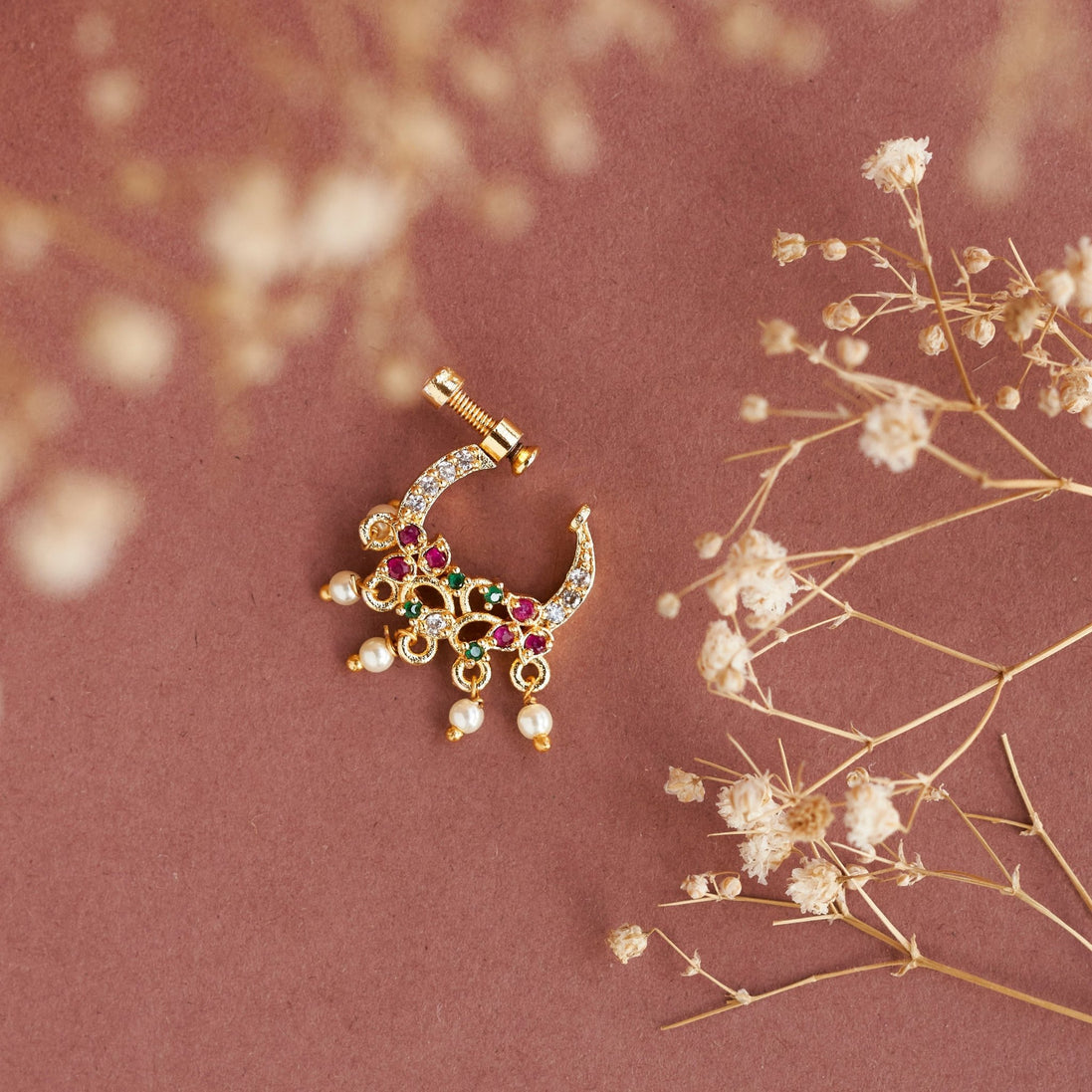Nose Pin - Elegant Peacock - shaped Gold Plated Screw Nose Pin - Opal Touch