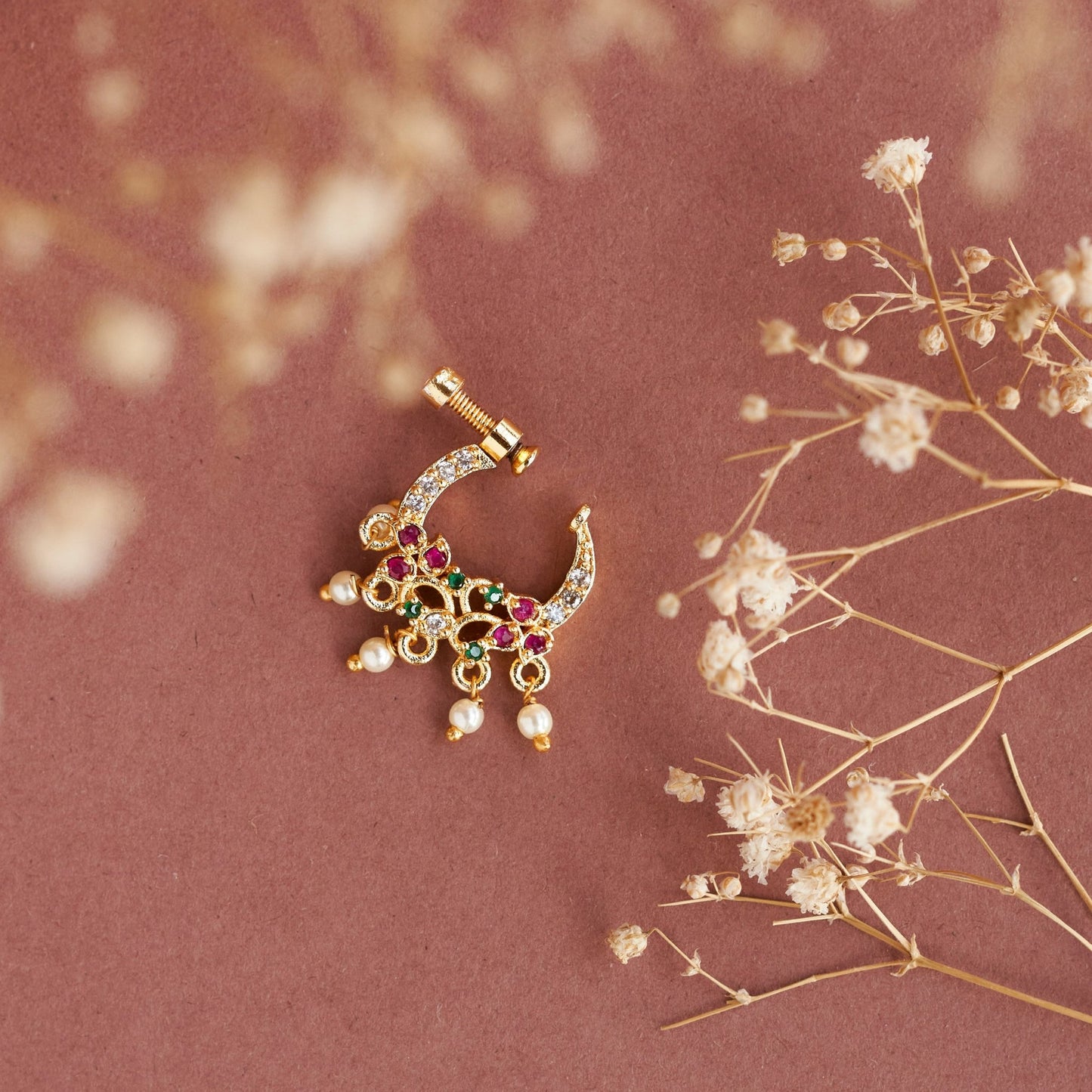 Nose Pin - Elegant Peacock - shaped Gold Plated Screw Nose Pin - Opal Touch