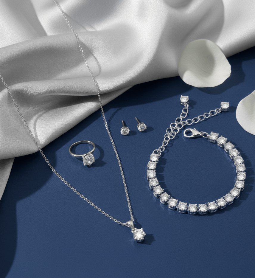 Elegant Rhodium AD Jewelry Set - Pendant, Studs, Ring & Bracelet - Opal Touch