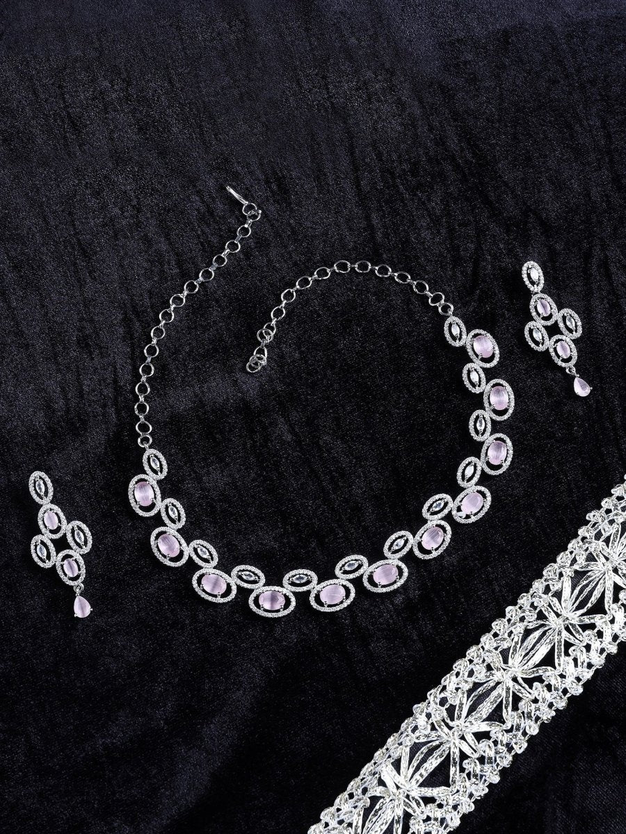 Elegant Rhodium - Plated American Diamond Jewellery Set - Opal Touch