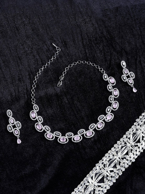 Elegant Rhodium - Plated American Diamond Jewellery Set - Opal Touch