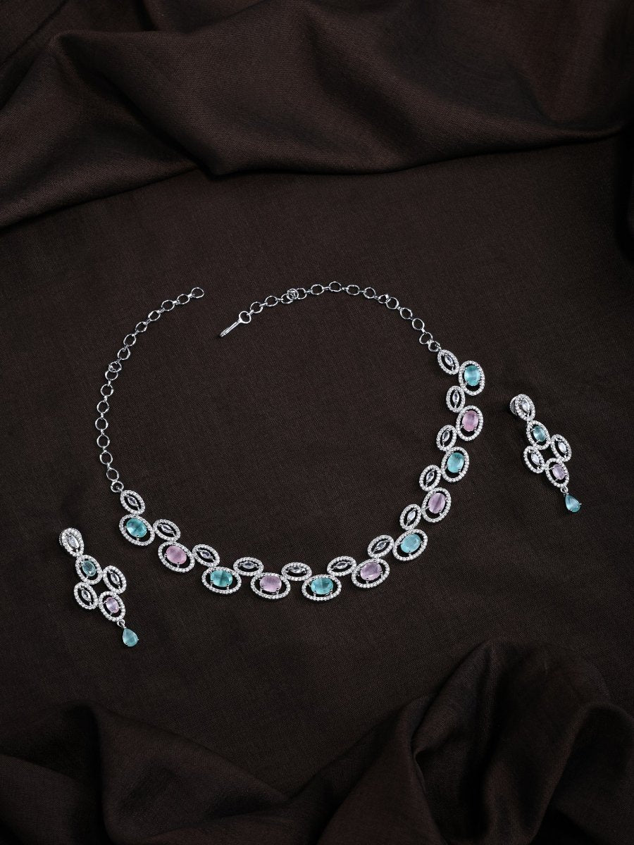 Elegant Rhodium - Plated American Diamond Jewellery Set - Opal Touch