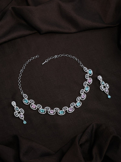 Elegant Rhodium - Plated American Diamond Jewellery Set - Opal Touch