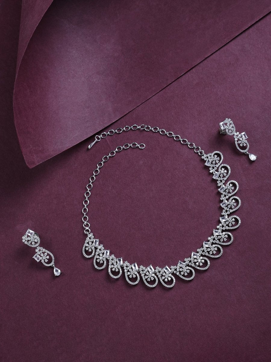 Elegant Rhodium Plated Cubic Zirconia (CZ) Necklace & Earrings Set - Opal Touch