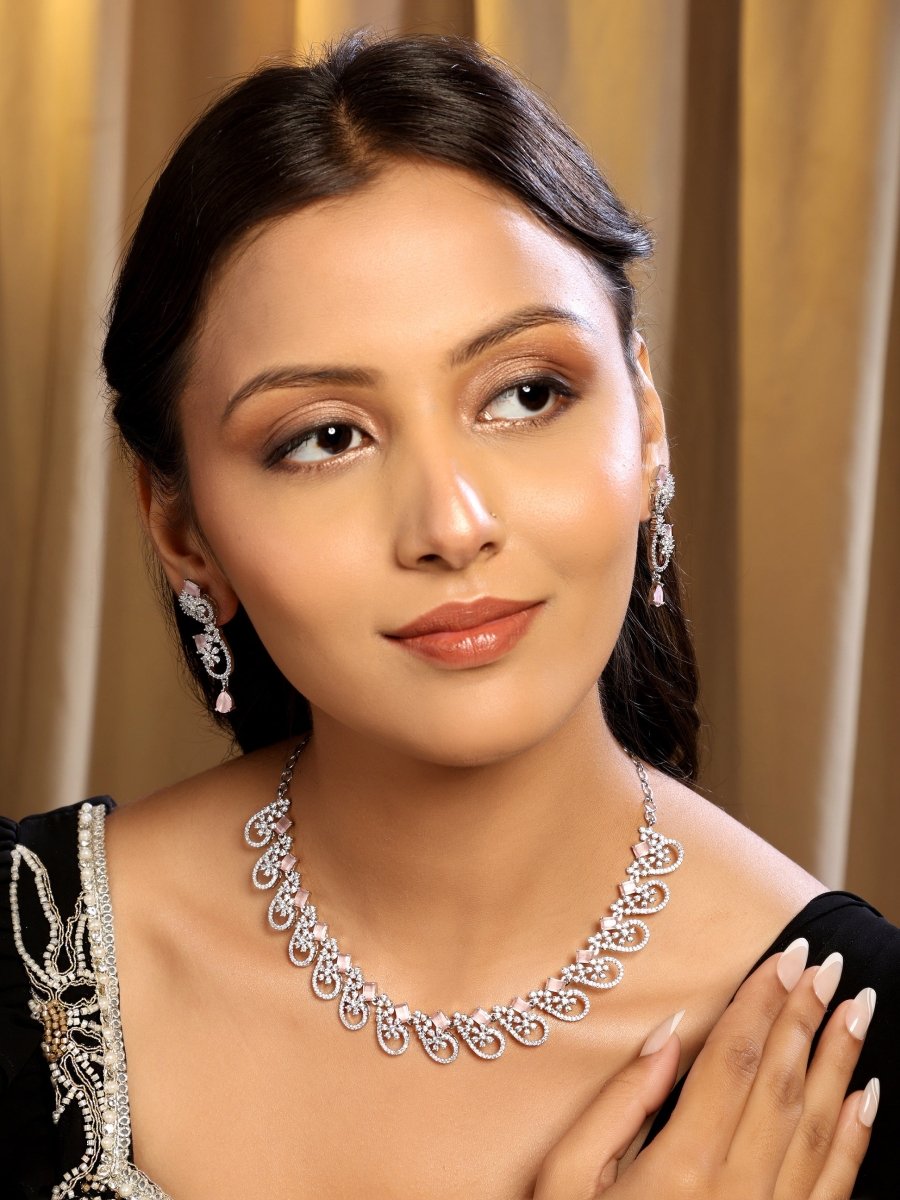 Elegant Rhodium Plated Cubic Zirconia (CZ) Necklace & Earrings Set - Opal Touch