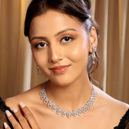 Elegant Rhodium Plated Cubic Zirconia (CZ) Necklace & Earrings Set - Opal Touch