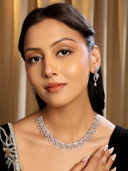 Elegant Rhodium Plated Cubic Zirconia (CZ) Necklace & Earrings Set - Opal Touch