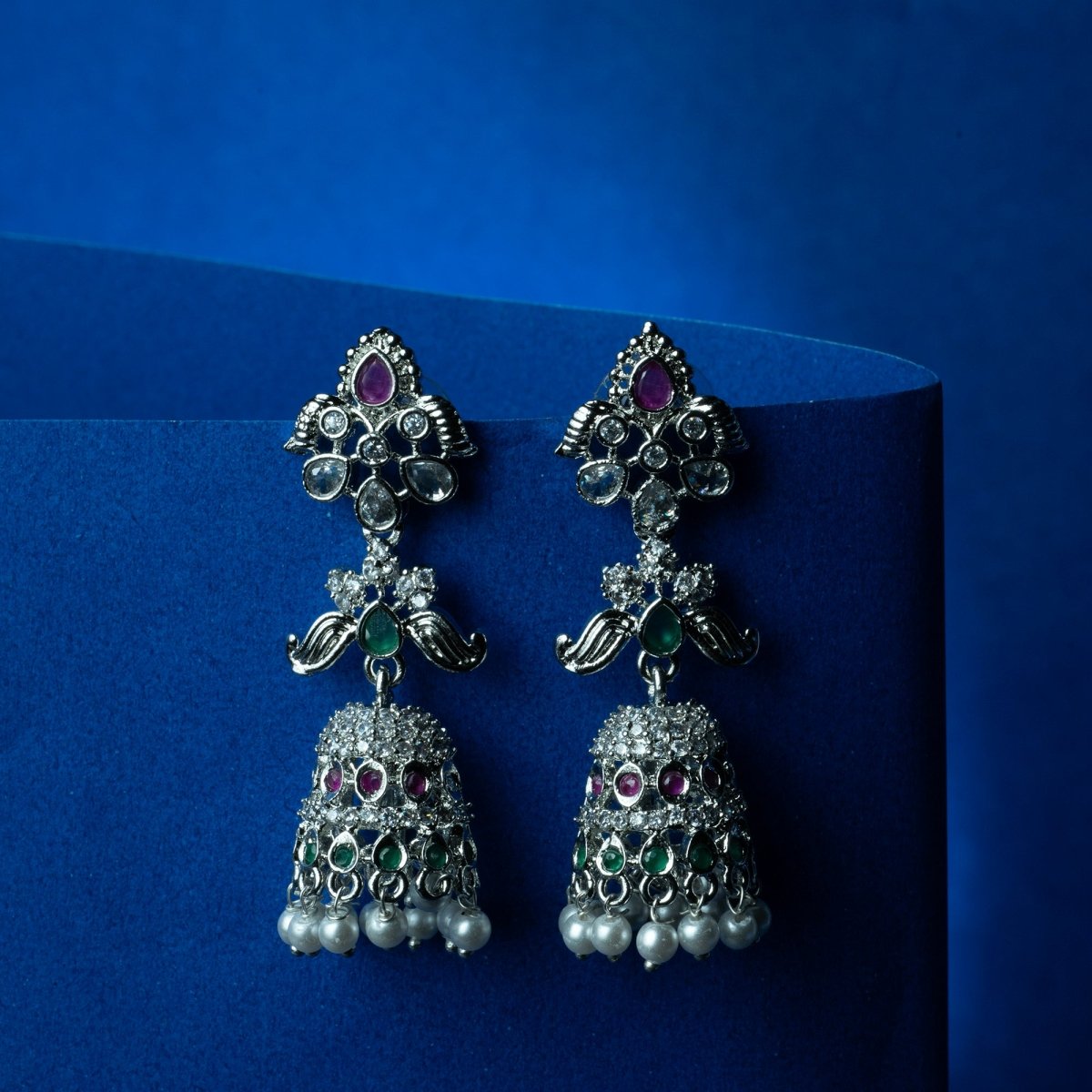 Elegant Rhodium Plated CZ Jhumka Earrings - Opal Touch