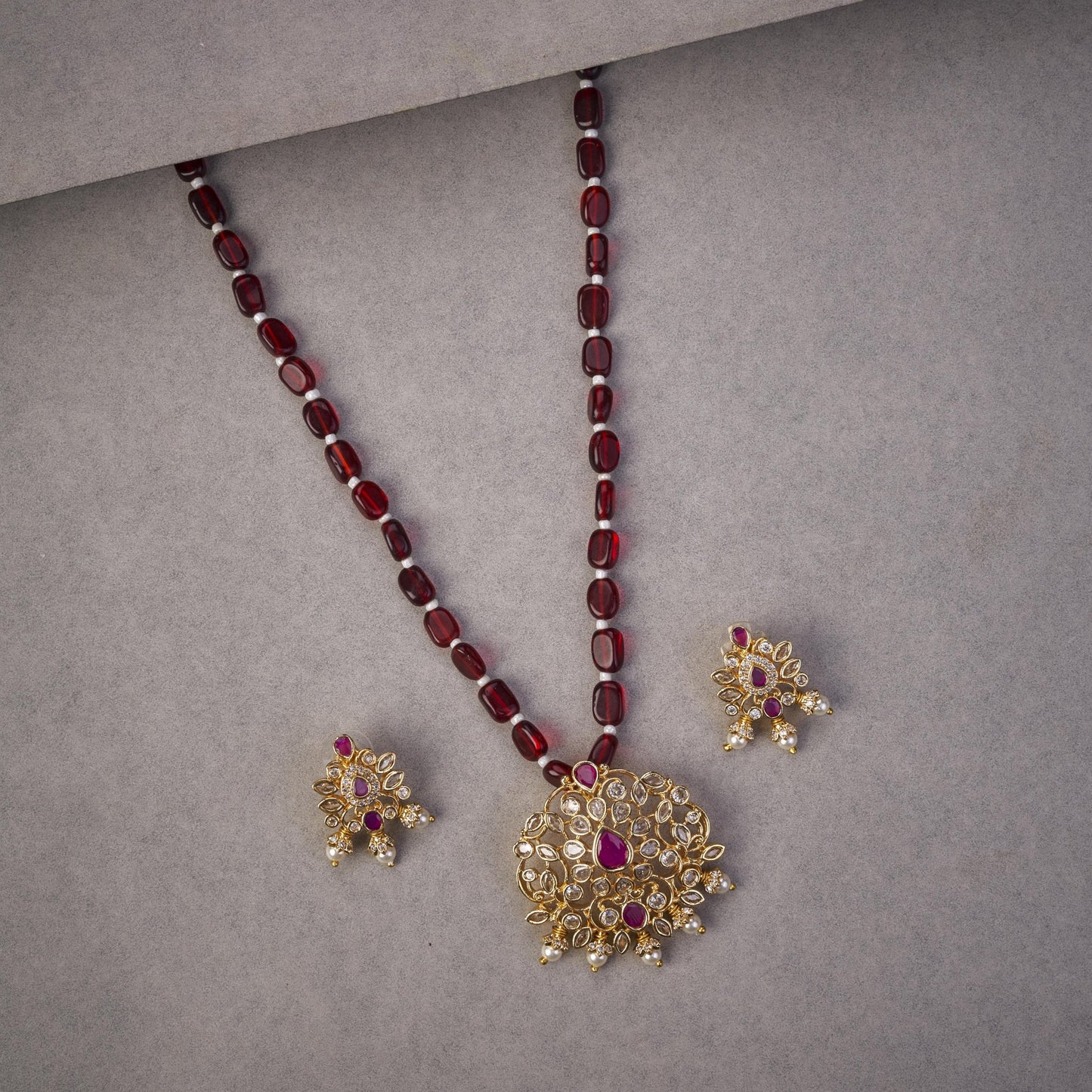 Locket Set - Elegant Ruby Beaded Locket Set with Kundan Gold Pendant & Earrings - Opal Touch
