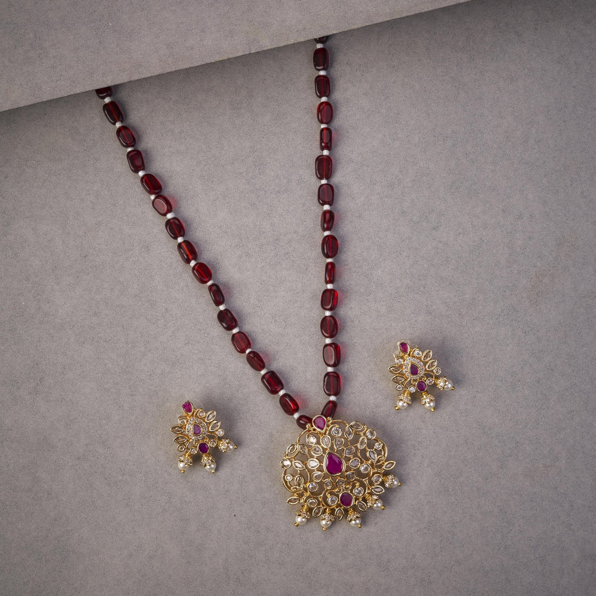 Locket Set - Elegant Ruby Beaded Locket Set with Kundan Gold Pendant & Earrings - Opal Touch