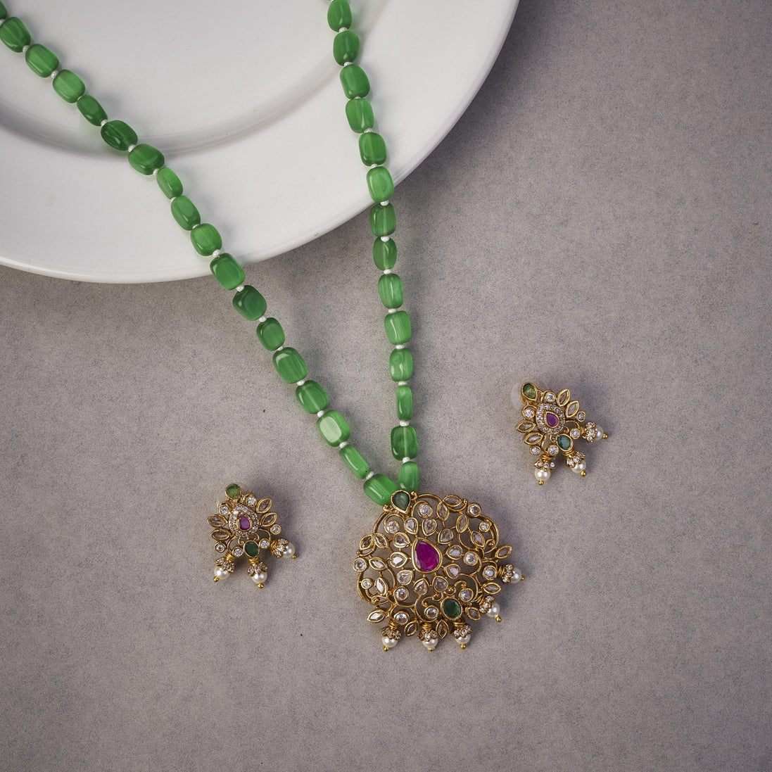 Locket Set - Elegant Ruby Beaded Locket Set with Kundan Mehendi Pendant & Earrings - Opal Touch