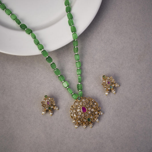 Locket Set - Elegant Ruby Beaded Locket Set with Kundan Mehendi Pendant & Earrings - Opal Touch