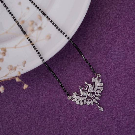 Mangalsutra - Embellished Rhodium Plated Twin Peacock Mangalsutra - Opal Touch