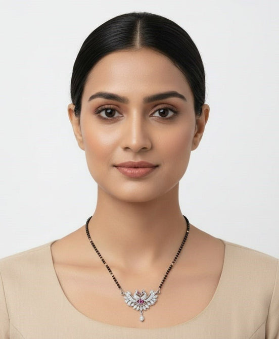 Embellished Rhodium Plated Twin Peacock Mangalsutra - Opal Touch