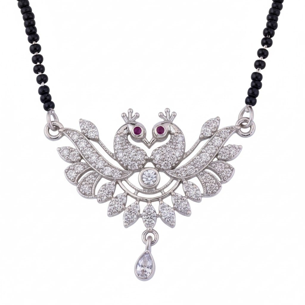 Embellished Rhodium Plated Twin Peacock Mangalsutra - Opal Touch