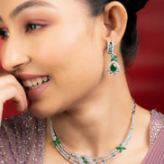 Necklace - Emerald Elegance Floral Rhodium Plated Necklace Set - Opal Touch