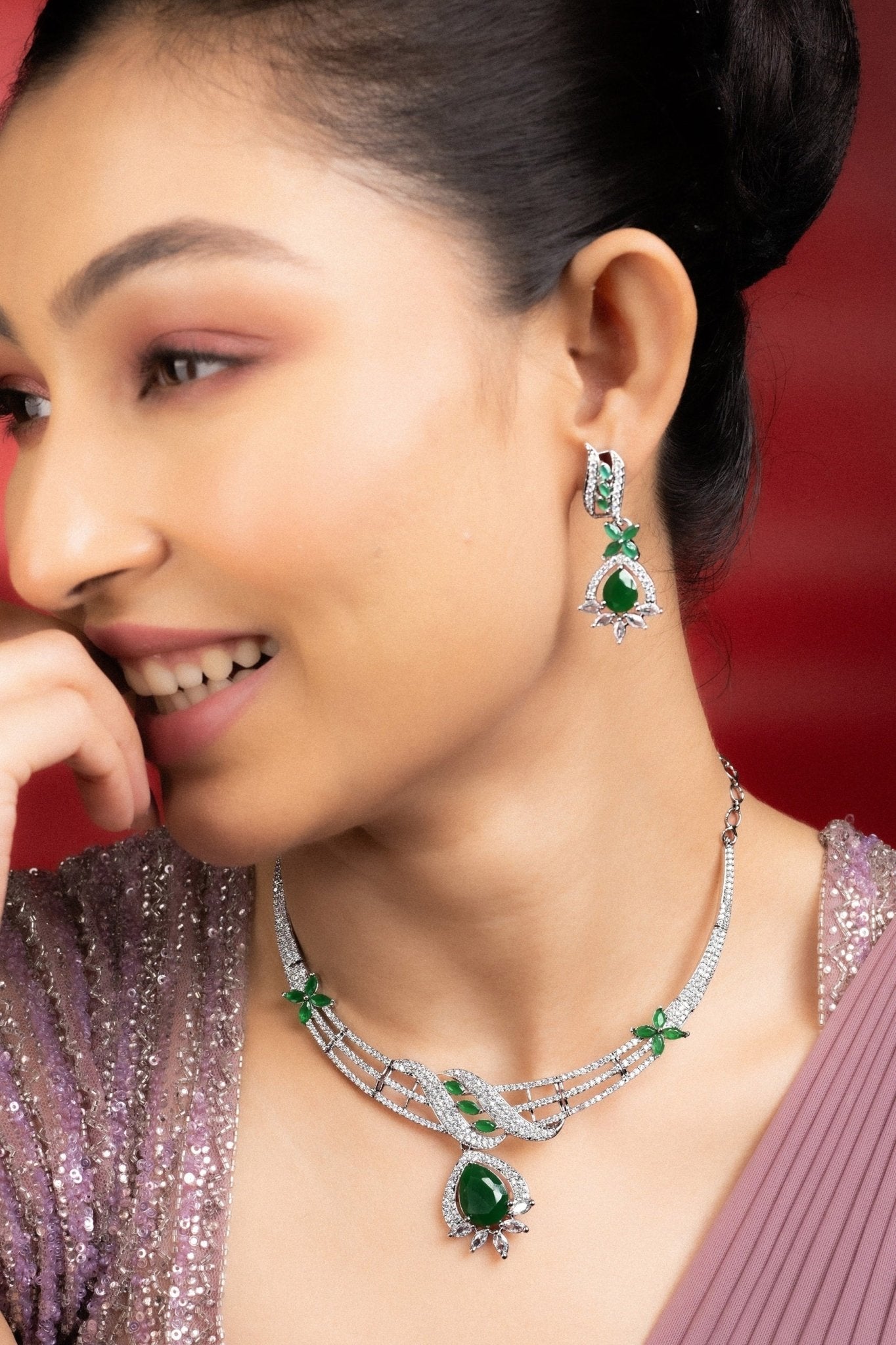 Necklace - Emerald Elegance Floral Rhodium Plated Necklace Set - Opal Touch