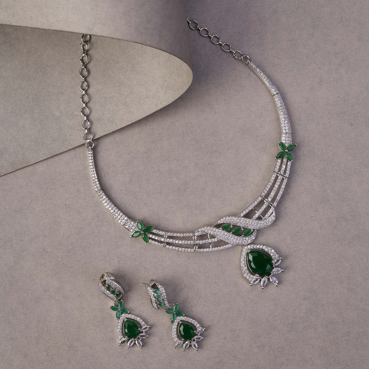 Necklace - Emerald Elegance Floral Rhodium Plated Necklace Set - Opal Touch