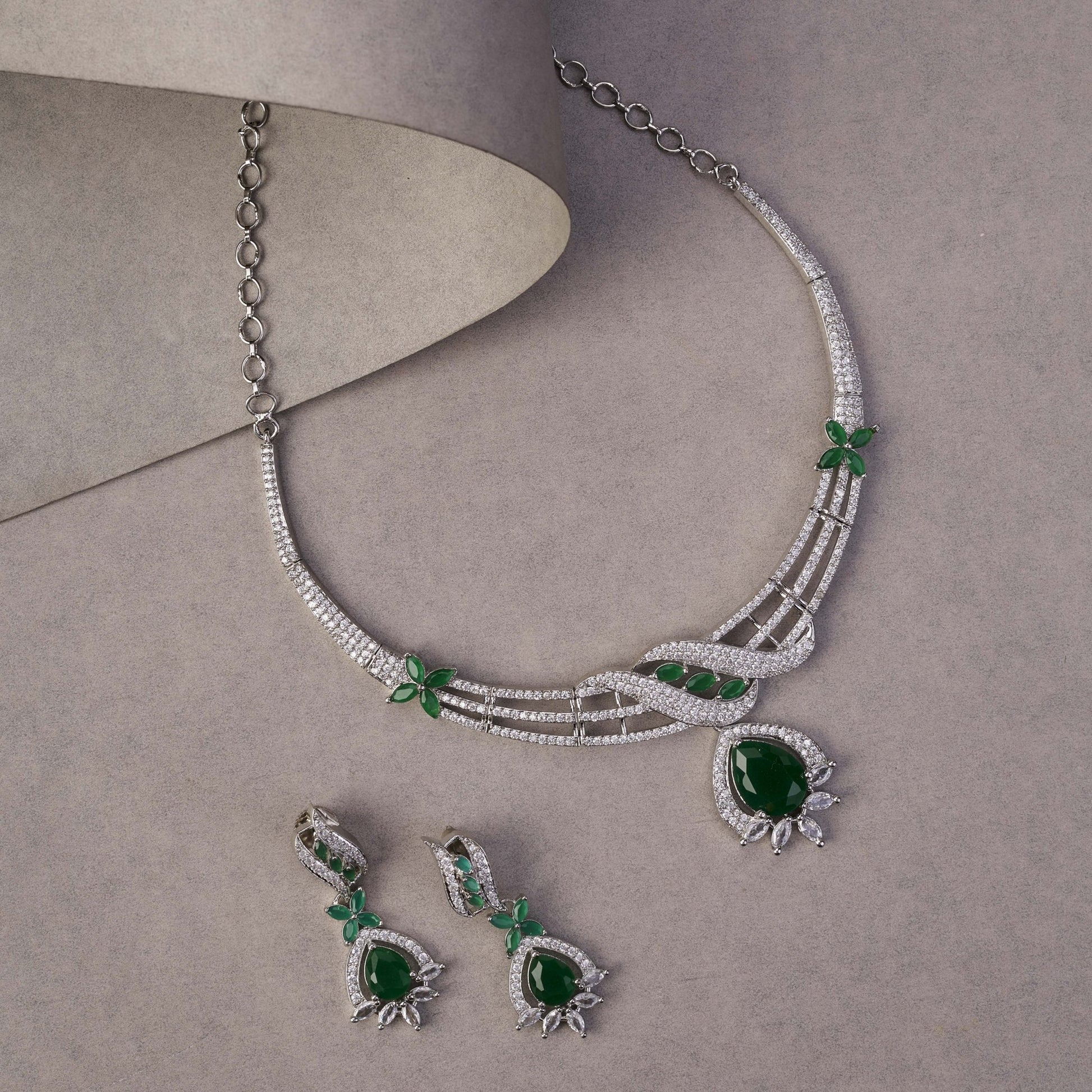 Necklace - Emerald Elegance Floral Rhodium Plated Necklace Set - Opal Touch