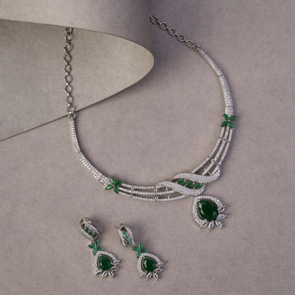 Necklace - Emerald Elegance Floral Rhodium Plated Necklace Set - Opal Touch