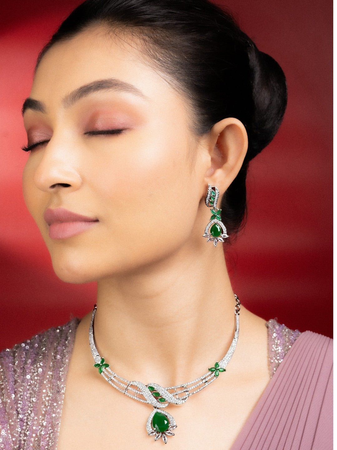 Necklace - Emerald Elegance Floral Rhodium Plated Necklace Set - Opal Touch