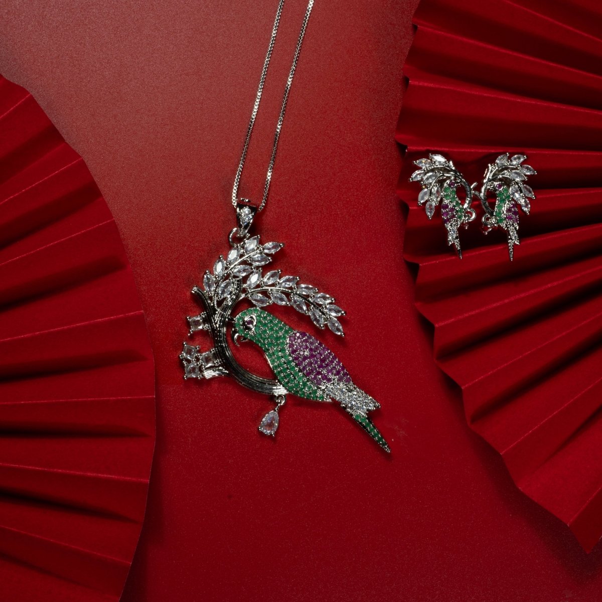 Emerald Ruby Parrot Gold Plated Locket Set - Opal Touch