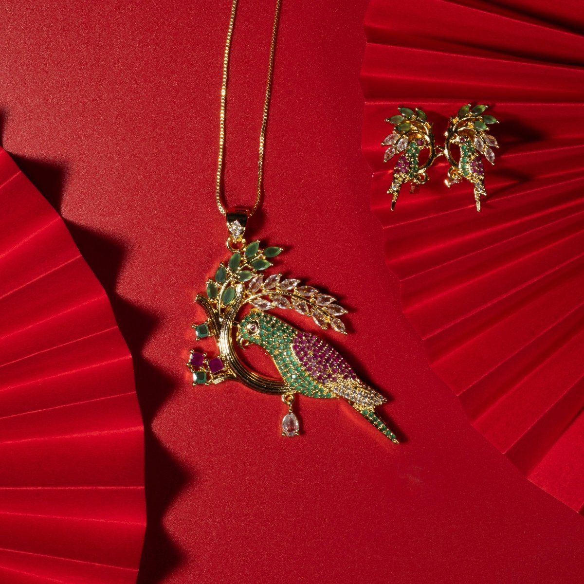 Emerald Ruby Parrot Gold Plated Locket Set - Opal Touch