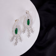 Earrings - Emerald Teardrop Rhodium Plated Dangles - Opal Touch